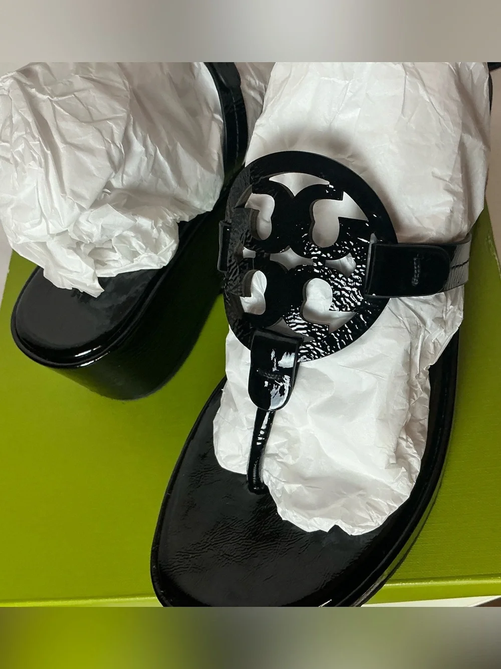 Tory Burch Black Patent Leather Wedge Sandals